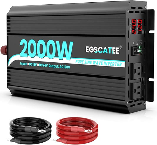 24V 2000W Pure Sine Wave Power Inverter 24V DC to 120V AC Converter for Car, Truck, Home, Vehicles,Boat, Car Power Converter with 2 AC Outlets, USB Ports, LCD Display
