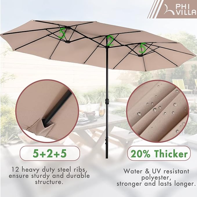 PHI VILLA 7 Piece Patio Dining Set with Umbrella, 60” Rectangular Metal Dining Table & 6 Stackable Metal Chairs & 13ft Large Beige Umbrella for Outdoor, Deck, Yard, Porch