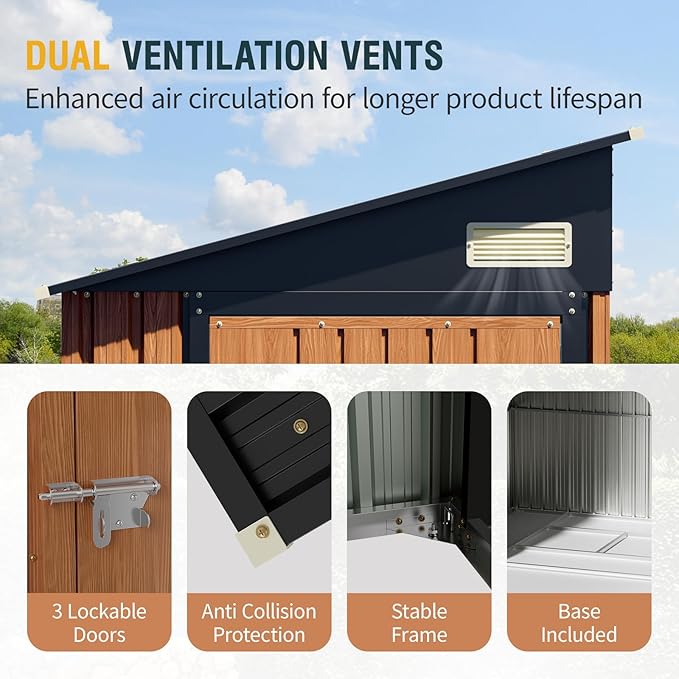 8x4 Ft Outdoor Storage Shed, Metal Garden Shed with Floor, Triple Lockable Doors & Vent, Multi-Used Shed for Backyard, Patio, Lawn and Tool & Bicycle Storage