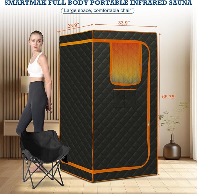 Smartmak Portable Infrared Sauna,1 Person Infrared Sauna Box with 660nm Red Light Therapy, Full Size Sauna Tent for Home, Foot Heating Pad, Folding Chair (Orange-1Person)