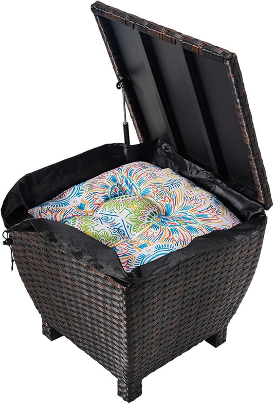 Outdoor Wicker Storage Box with Cover, 13 Gallon PE Rattan Deck Box for Outside with Waterproof Liner, Patio Storage Chest with Hinged Lid for Cushions, Pillows, Towels, Horizontal Bin, Brown