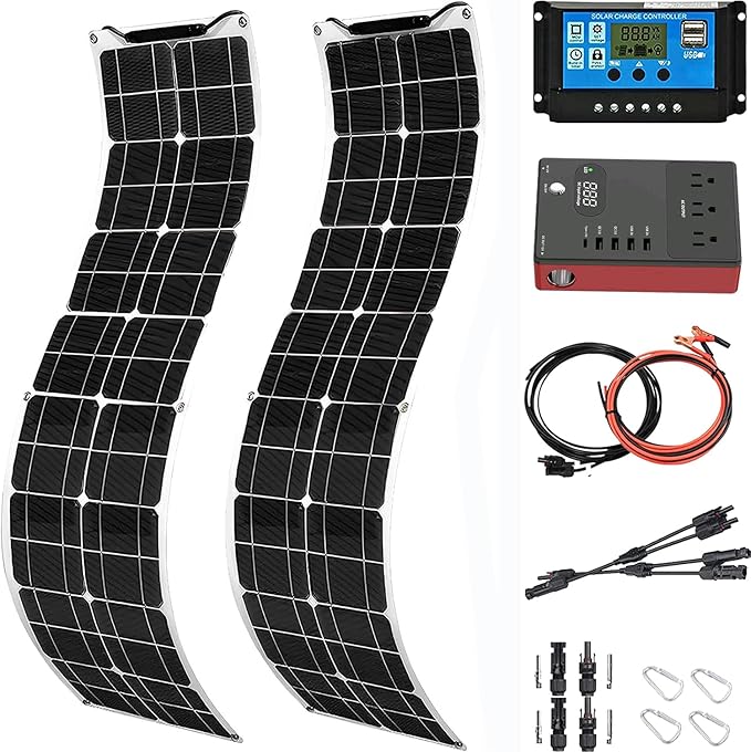 400 Watt Flexible Solar Panel for RV, 2 × 200 Watt 12 Volt Solar Power Panel Kit with 40A Solar Charge Controller & Inverter Monocrystalline Solar Panels for Camping Off Grid Battery Charging Boat