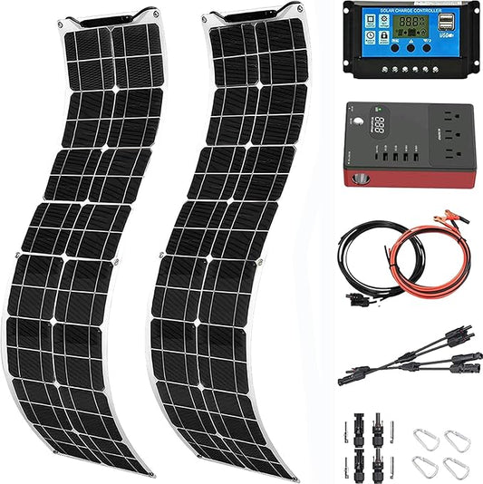 400 Watt Flexible Solar Panel for RV, 2 × 200 Watt 12 Volt Solar Power Panel Kit with 40A Solar Charge Controller & Inverter Monocrystalline Solar Panels for Camping Off Grid Battery Charging Boat