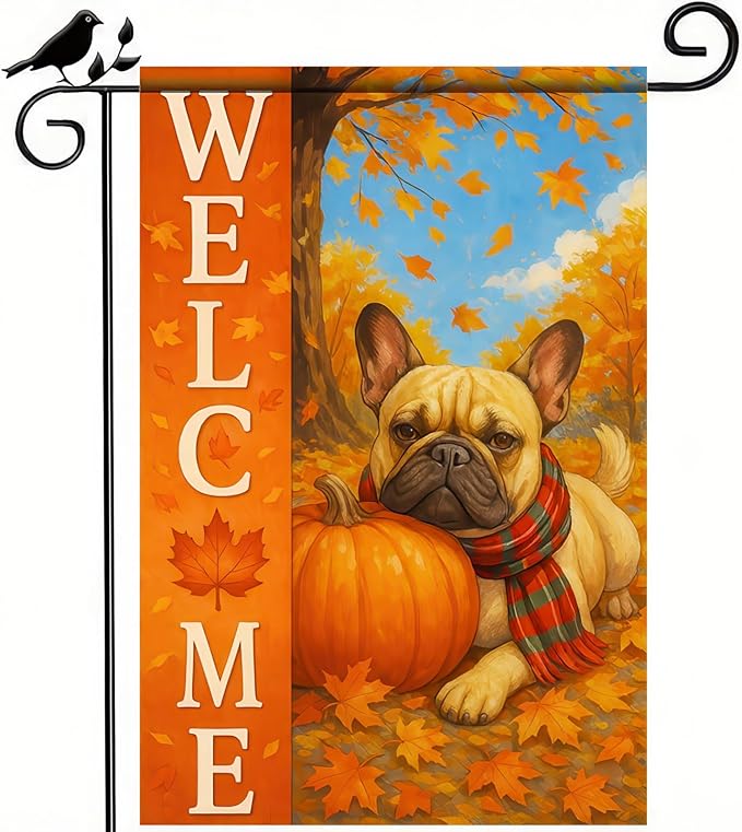 Thanksgiving Fall Garden Flag 12x18 Inch Welcome French Bulldog Dog Outdoor Flag Double Sided Autumn Yard Banner with Pumpkin Plaid Scarf Decor for Porch Lawn Patio