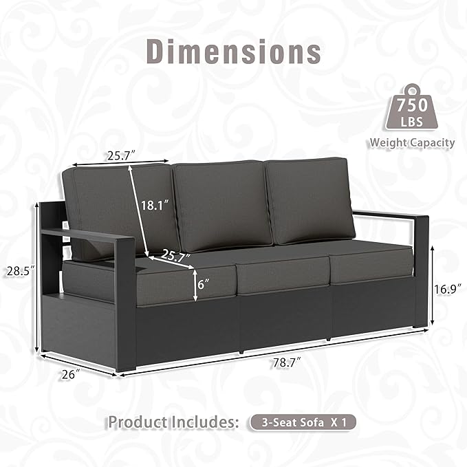 Aluminum Patio Sofa - 3-Seater Outdoor Sofa with 6" Thick Water-insistant Cushions, All-Weather Use Frame, Removable Cover, Ideal for Garden, Poolside (Grey)
