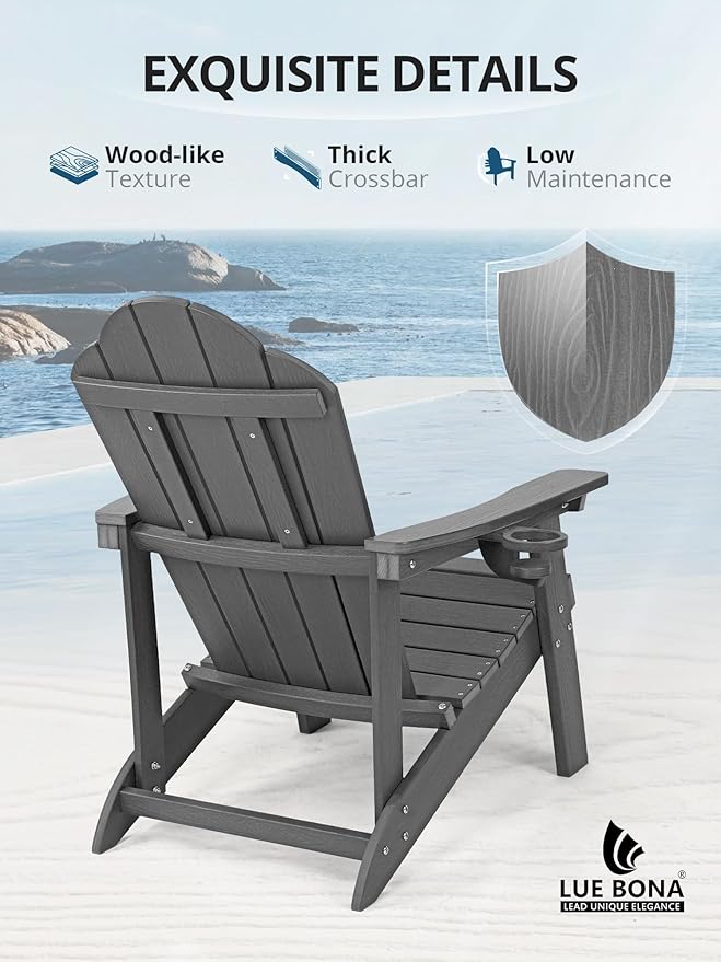 LUE BONA HDPE Adirondack Chairs Set of 2,Plastic Adirondack Chairs with Cup Holder Weather Resistant for Outdoor, Patio, Lawn, Garden, Backyard Deck, Fire Pit, Dark Gray