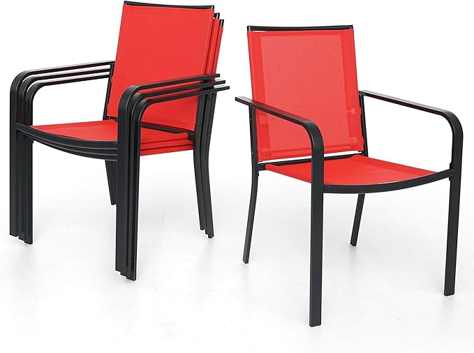 5-Piece Outdoor Patio Dining Set, 40-Inch Round Glass Table with 4 Stackable Chairs, Cherry