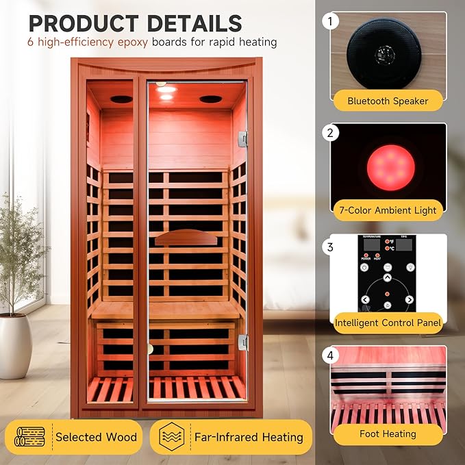 Far Infrared Sauna Home Sauna Spa Room for 1-2 Person Low-EMF Canadian Hemlock Wood 1550W Indoor Saunas with 7 Color Light 39.3 * 35.4 * 74.8Inch