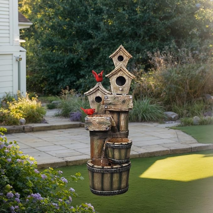 35" Tall Outdoor 4-Tier Birdhouse Floor Standing Water Fountain with LED Lights for Garden, Patio, Yard, Porch Art Home Decor (Bird)