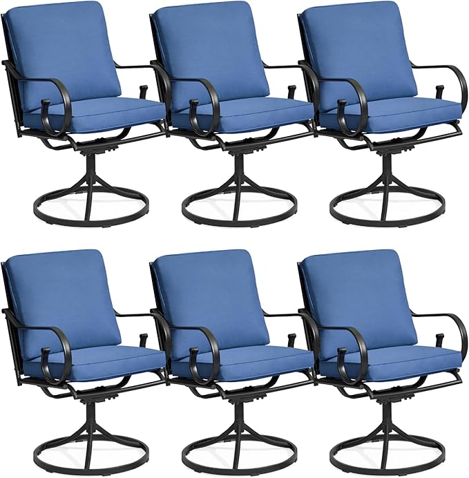 MELLCOM Patio Swivel Chair Set of 6, Heavy Duty Outdoor Dining Chairs with Thickened Cushions, Metal Patio Chairs Gentle Rocker for Outside, Blue