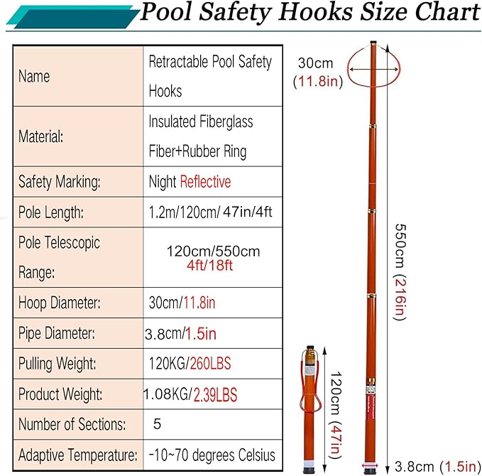 Telescopic Pool Rescue Hook with Pole, 16ft-30ft Adjustable Heavy Duty Pool Pole, Fibreglass Safety Hook Pools, Specialised Emergency Rescue Equipment for Drowning Victims (L:550cm/18ft)