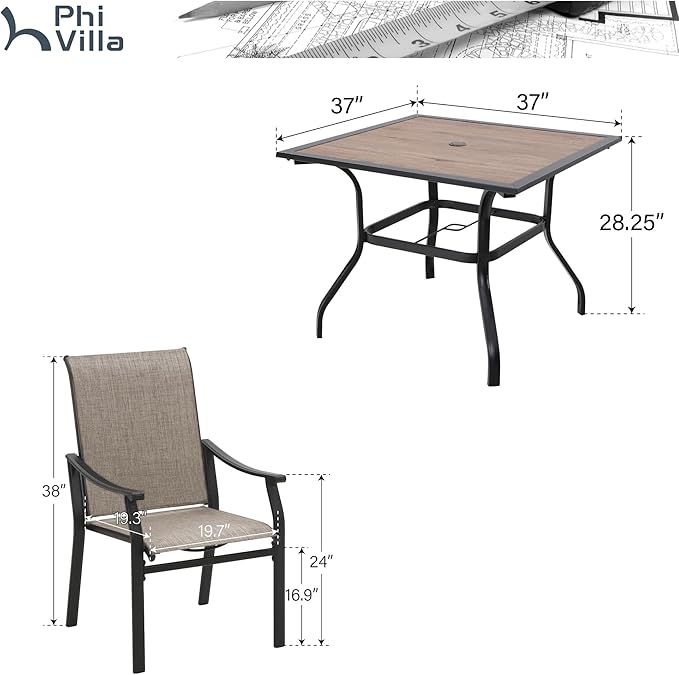 PHI VILLA 5 pcs Patio Dining Table and Chairs,Textilene Dining Chairs Sturdy and Durable and Square Metal Table with Wooden Table Top,Black Frame with E-Coating for Lawn,Garden
