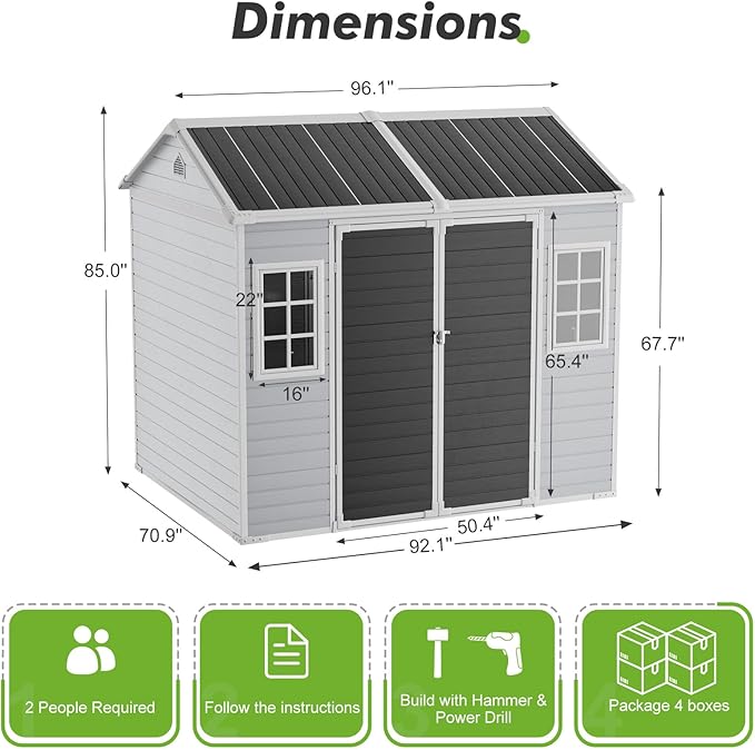8x6 Shed, Heavy-Duty Outdoor Storage Shed with Floor, Waterproof Plastic Resin Garden Shed for Backyard, Tool Storage with Lockable Double Doors & Awning Windows