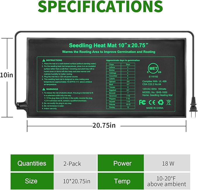 Bestio Seeding Heat Mat 10"x 20.75", 2 Pack Durable Seedling Heat Mat for Seed Starting, UL and MET Certified Waterproof Warming Mat Plant Heating Pad for Seed Germination,Hydroponics, Greenhouses