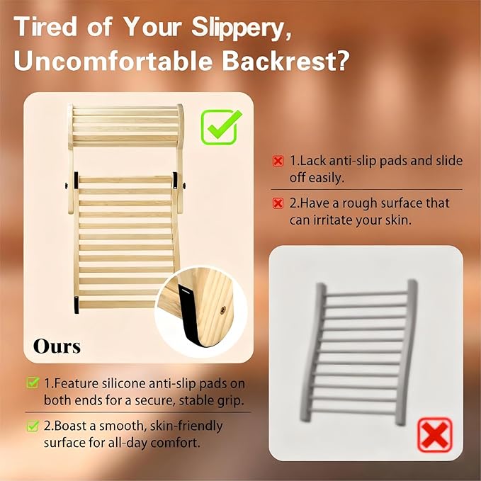 Sauna Backrest Added Adjustable Neck Pillow Accessories Bamboo Sauna Back Rest 18 Low - Heat - Conducting Bamboo Slats + Anti - Slip Pads for Comfort Lying or Leaning