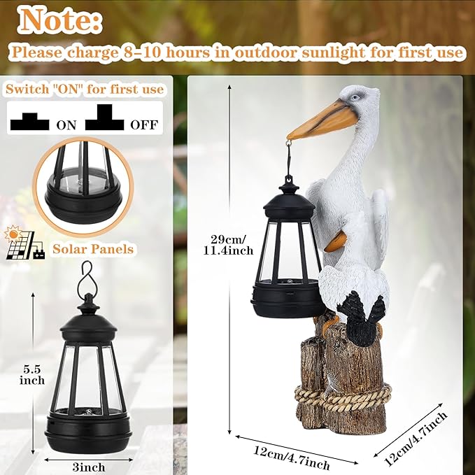Tuanse 11.4 Inch Pelican Garden Statue with Solar Lantern Ocean Bird Statue Pelican Solar Light for Outside Decor Sculptures Statues Lights for Lawn Decor Unique Ornament Women Mom Gift