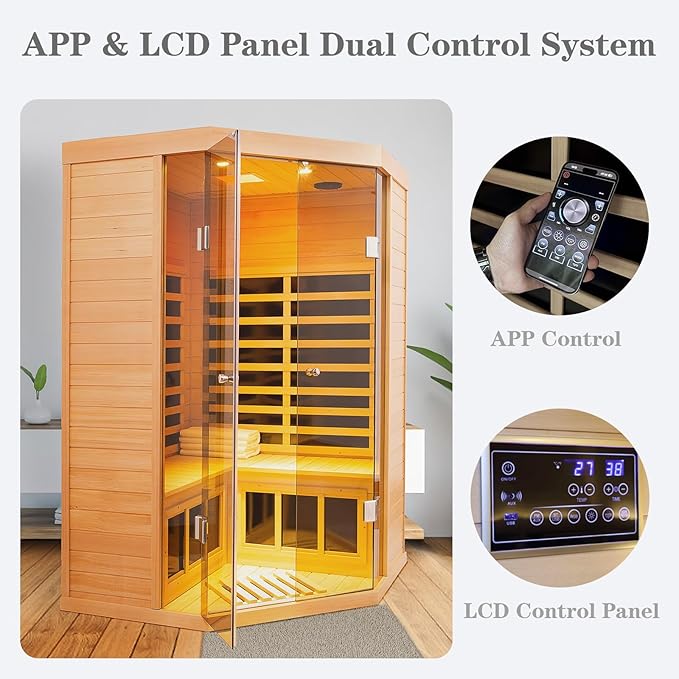 Smart APP Control 2-3 Person Ultra Low EMF (0-5mG) Far Infrared Sauna for Home, 1520W Hemlock Wood Sauna Room with Bluetooth Speaker & Chromotherapy Lights, LCD Touch Panel, Constant Temperature Cover
