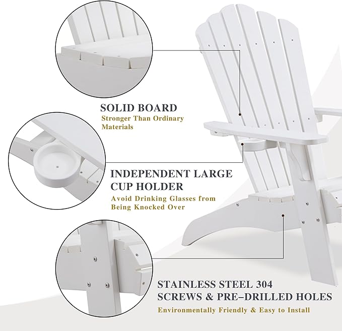 Psilvam Adirondack Chair, Oversized Poly Lumber Fire Pit Chair with Cup Holder, 350Lbs Support Patio Chairs for Garden, Weather Resistant Outdoors Seating, Relaxing Gift for Father & Mother (White)