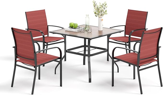 5 Pieces Patio Table and Chairs Set, 4 Person Outdoor Dining Furniture Set, 4 Red Textilene Chairs and 37" Wood-Like Table Top Table with Umbrella Hole, for Deck Backyard Lawn