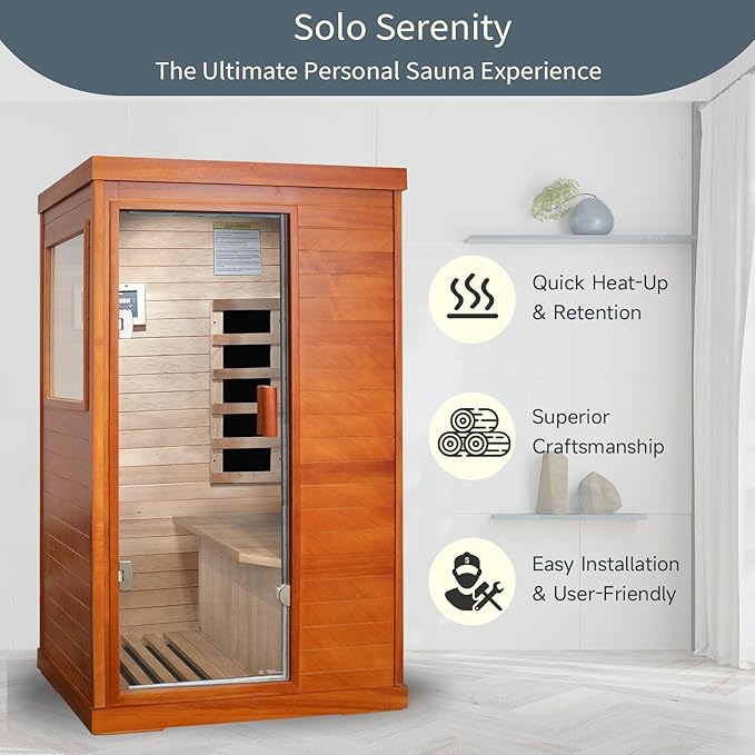 Sauna, Far Infrared Saunas for Home One Person Sauna Okoume Wood 800W/110V Low Emf Dry Sauna Indoor Sauna Room with Tempered Glass Door/Speakers/Air Hole and LED Lighting - 35.2 * 27.6 * 61.6 in