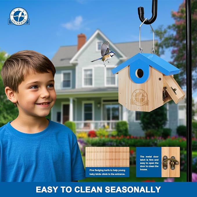 Wren Bird Houses for Outside Cedar Hanging Birdhouses for Outdoors 1-1/8" Entrance Hole Bird Houses for Outside Clearance Wooden Nesting Box Chickadee Predator Guard, Blue