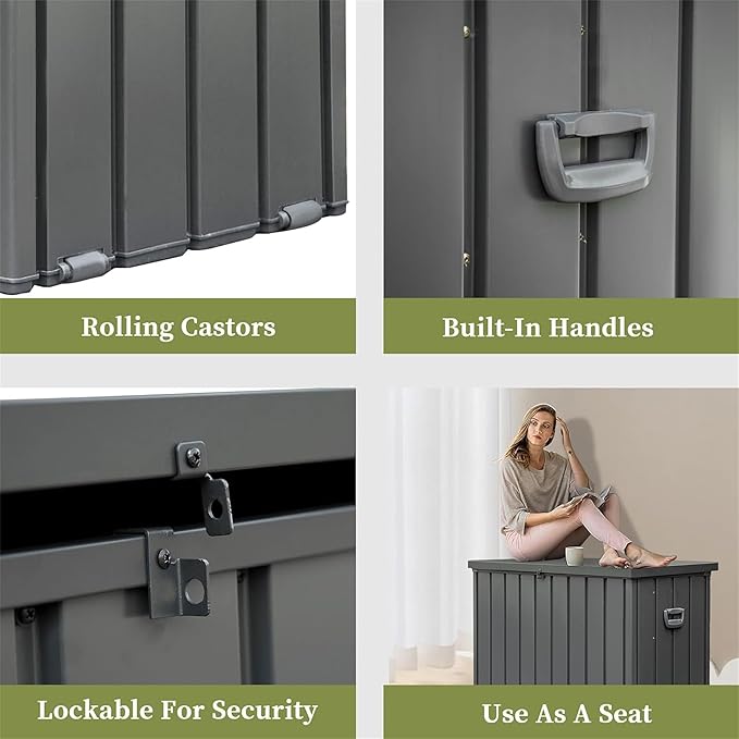 200 Gallon Outdoor Deck Box Lockable Metal Indoor Outdoor Storage Container with Side Handle, Waterproof Storage Box with Rolling Castors for Patio Garden Tools, Pools Equipment, Cushions, Gray