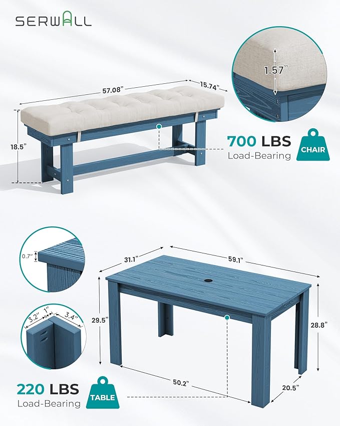 SERWALL Patio Dining Set for 4, Outdoor Dining Sets for 4 Person with 1 Umbrella Hole Cut-Out Rectangular Table and and 2 Benches, HDPE Dining Sets for Garden, Backyard, Poolside, Blue