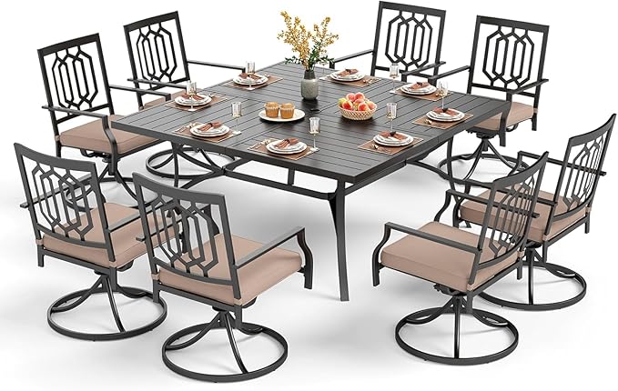 PHI VILLA 9 Piece Outdoor Dining Set for 8, Square Metal Table (60") with Umbrella Hole and Swivel Chairs with Cushions– Perfect for Patio, Garden, Deck, Porch, and Backyard