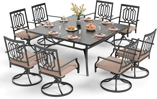 PHI VILLA 9 Piece Outdoor Dining Set for 8, Square Metal Table (60") with Umbrella Hole and Swivel Chairs with Cushions– Perfect for Patio, Garden, Deck, Porch, and Backyard