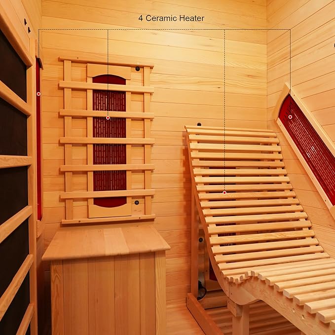 Smartmak Far Infrared Wood Sauna, 1 or 2 Person Full Spectrum Red Light Therapy Luxury Recliner Home Corner Sauna, Indoor Canadian Hemlock Dry Spa, 2300W with 8 Heaters, Speakers, Lights, Oxygen Bar