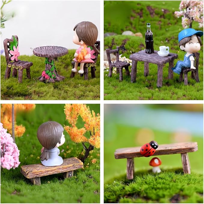 Miniature Garden Furniture Set - 14-Piece Resin Miniature Table and Chairs Set for Outdoor Decor, Adult DIY Craft Gift & Micro Landscape Decor Accessories (Village)