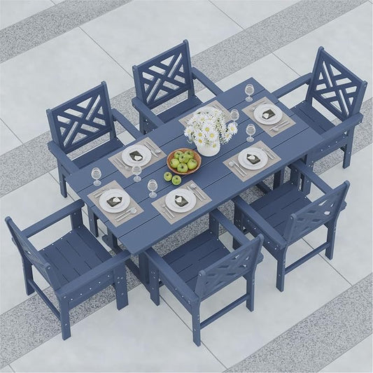 7-Piece Outdoor Dining Set, HDPE All-Weather Patio Table and Chairs Set for 6, Outdoor Patio Furniture Sets with Umbrella Hole for Outside, Deck, Backyard, Garden (Navy Blue)