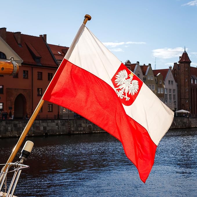 Poland Ensign Polish Flag 3x5 ft Outdoor, Double Sided 3 Ply Heavy Duty National Flag 100% Quality Polyester Polish Eagle Banner with Brass Grommets 4 Rows Stitches
