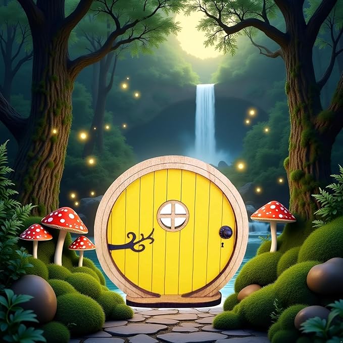 Yellow Fairy Garden Door for Tree, Fairys Doors for Trees Outdoor and Tree Trunk,Mini Fairy Garden Sculpture Lawn Ornament Decor, Fairytales Door Decoration,Gardens Miniatures,Buildings