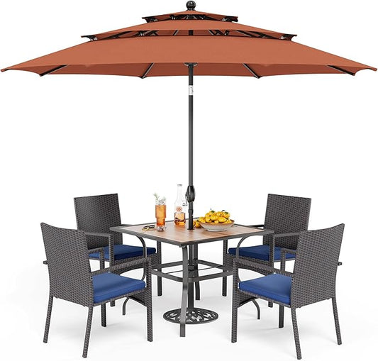 PHI VILLA 5 Piece Outdoor Dining Set with Umbrella for 4, 37" Square Metal Wood-top Table & Wicker Rattan Chairs with Cushions & 10ft Red Umbrella, Dining Furniture for Patio, Deck, Backyard, Porch
