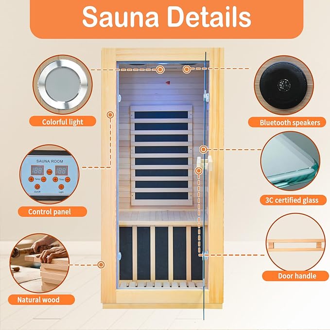 Home Far-Infrared Sauna Cabin Crafted from Canadian Hemlock Wood 900W Red Light Bluetooth Speaker Single-Person Indoor Model Dimensions: 28.35 × 32.28 × 61.42 inches