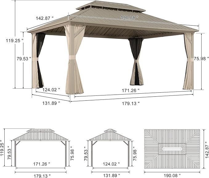 PURPLE LEAF 12' x 16' Outdoor Hardtop Gazebo, Champagne Aluminum Gazebo with Galvanized Steel Double Roof, Curtains and Netting for Patio Lawn and Garden