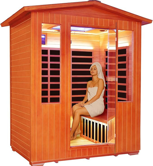 Outdoor 4 Person Sauna Far Infrared Saunas Dry Sauna Room Red Cedar and Canadian Hemlock Wood Wooden Sauna Spa 2600W 240V with 7 Color Light 62.2 * 46.8 * 81.9 inches