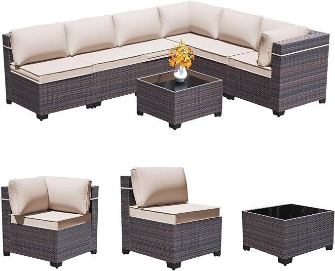 Outdoor Patio Furniture Set, 7 Pieces Outdoor Furniture All Weather Patio Sectional Sofa PE Wicker Modular Conversation Sets with Coffee Table,6 Chairs & Seat Clips Brown