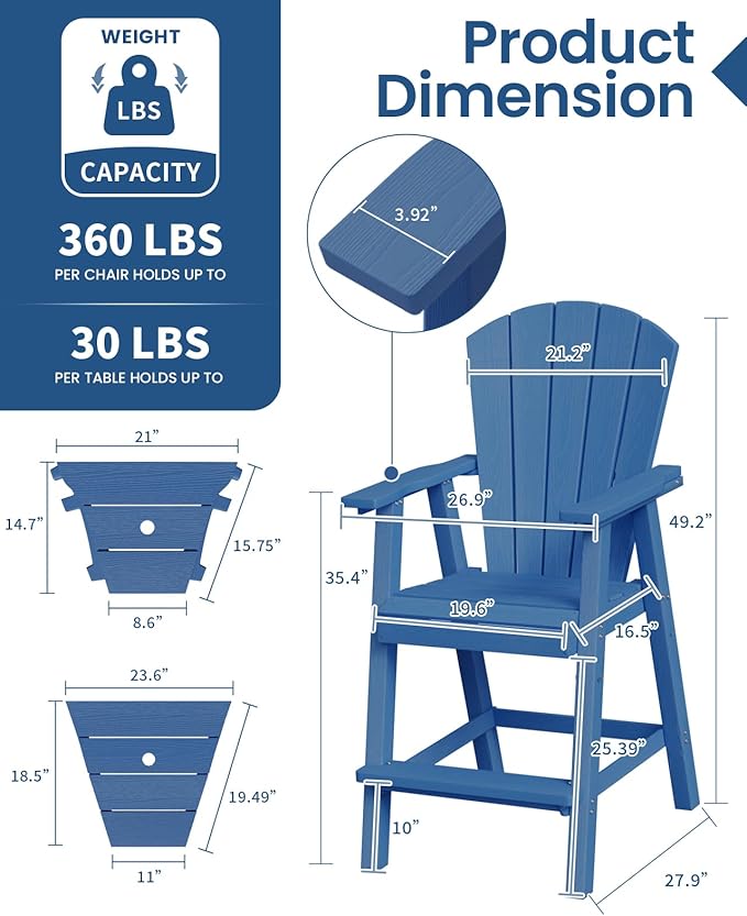 Ciokea Tall Adirondack Chairs Set of 2, HDPE Outdoor High Back Adirondack Chair with Double Connecting Tray, Weather Resistant Balcony Chairs for Deck, Lawn, Pool, Backyard, Navy Blue