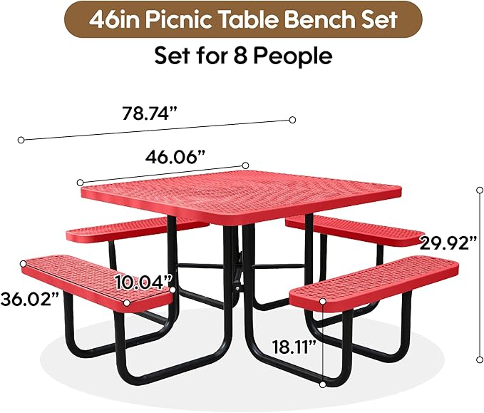 8-Person Picnic Tables for Outdoors, Industrial 46" Expanded Metal Square Picnic Table with 4 Benches & Umbrella Hole, Outside Table and Bench Set for Garden, Backyard, Porch, Patio, Red