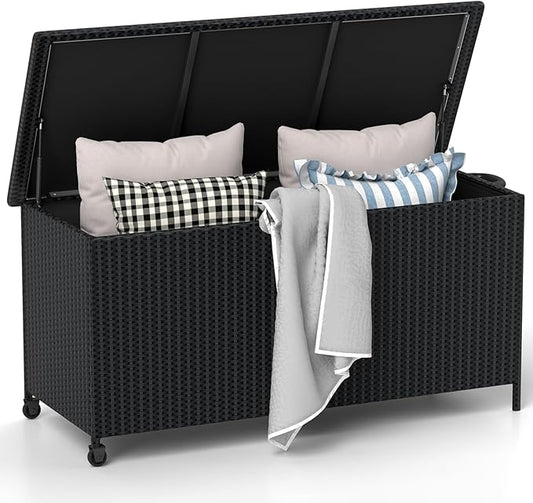 RELAX4LIFE 85-Gallon Deck Box with Wheels - Wicker Rattan Storage Bin Container w/Waterproof Liner & Gas Strut for Patio Cushions, Garden Tools, Pool Supplies, Indoor Outdoor Storage Box (Black)