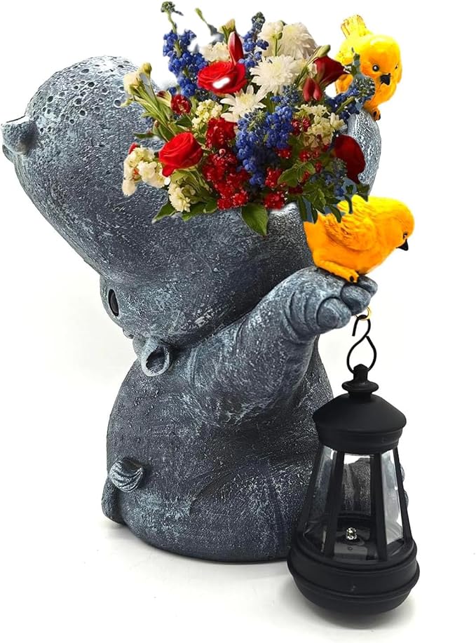 Large Hippo Solar Garden Outdoor Statues Hippo Planter Flowers Vase for Fresh/Artificial Hippo Figurine Garden Statue with Solar Lantern Bird Statue Hippo Gifts Housewarming Gift