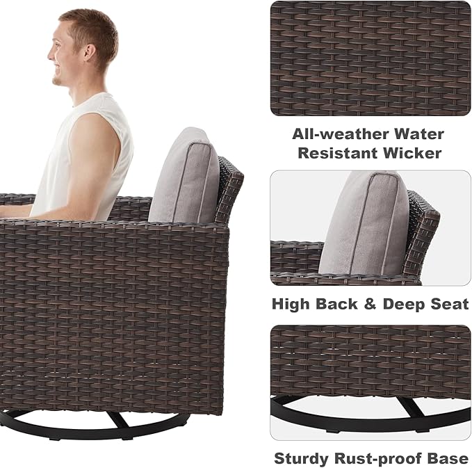 Wicker Patio Furniture Set：7 Piece Outdoor Patio Furniture Set with 2 Swivel Patio Chairs 2 Single Chairs a Coffee Table and 2 Ottomans, Brown Wicker/Beige Cushion