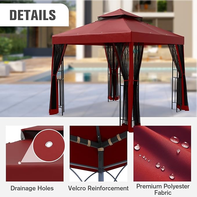 COOS BAY 8x8 Outdoor Patio Gazebo with Netting and Corner Shelves, Two-Tier Soft Top Canopy for Backyard, Lawn, Deck and Garden, Red