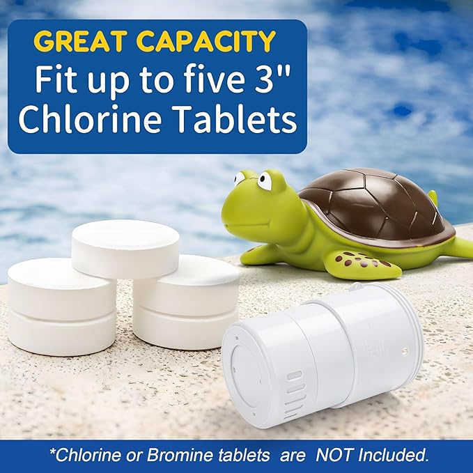 Pool Chlorine Floater, Large Capacity Floating Chlorine Dispenser Fits Up to 5 Pc 3-Inch Chemical Tablets, Heavy-Duty Plastic-Anti-Aging,Top Vacuum Design- Prevent sinkin (Turtle)