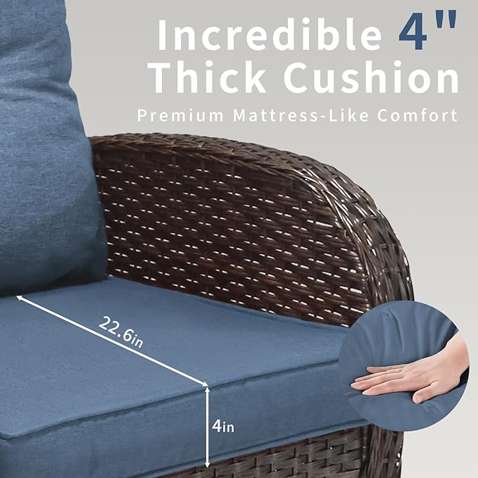 3 Pieces Patio Furniture Set, Outdoor Swivel Rocking Chair Set of 2 with Side Table - 360° Swivel, Thick Cushions, All-Weather Bistro Set for Deck, Porch, Pool(Navy, Brown Full-Weave Rattan)