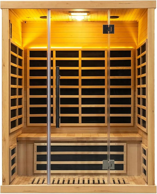 Low EMF Far Infrared Sauna for 3 Person, Canadian Hemlock Wood Sauna Room with Tempered Glass Door, WiFi Control, 220V, 12 Infrared Heaters, 2850W, Reading & 7-Color Starry Light, Oxygen Bar, Speaker