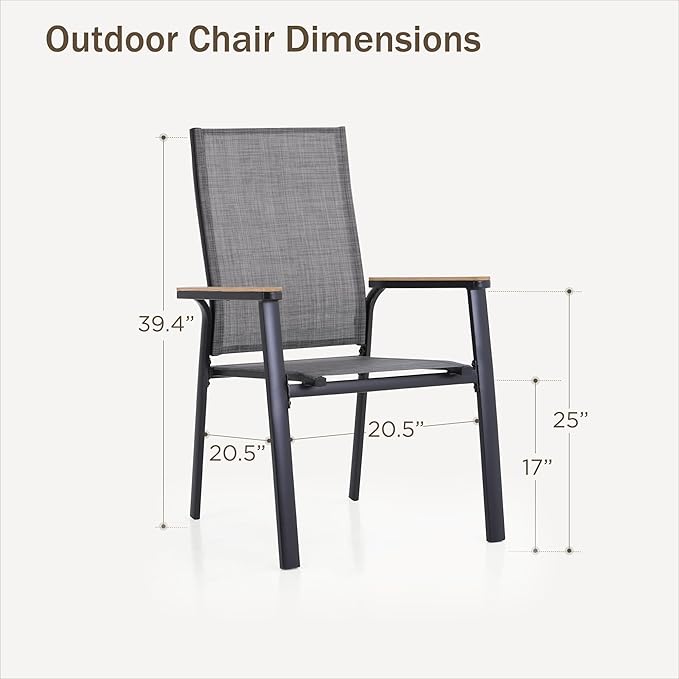 PHI VILLA Outdoor Stackable Chairs, Patio Chairs Set of 8, Light Weight Aluminum Frame with Textilene Fabric & Wood Armrest, High Back Deck Chairs for Poolside Lawn Garden, Gray