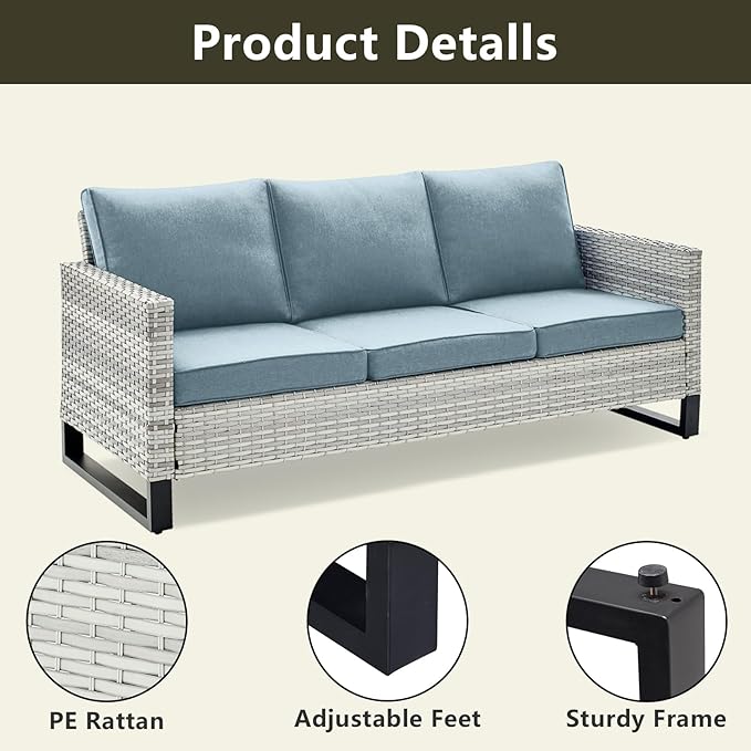 Wicker Outdoor Patio Furniture Set - 6 Piece Patio Conversation Set with 2 Swivel Rocker Chairs,2 Rattan Ottoman,1 Couch and 1 Metal Side Table for Outside Porch Deck Backyard(Light Grey/Sky Blue)